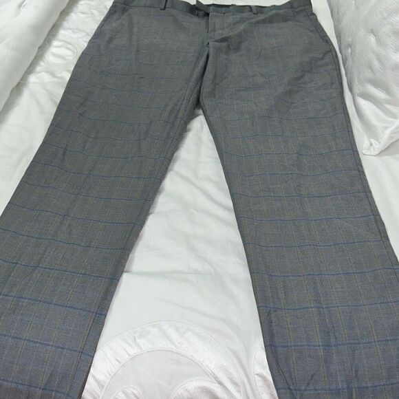 Perry Ellis slim fit blue tan plaid dress slacks 38/32 - Picture 1 of 5